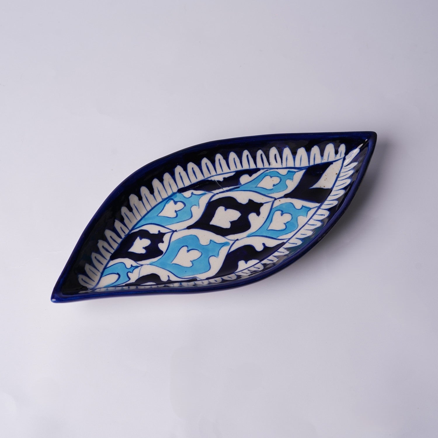 Boat Shaped Blue Pottery Dish - Petal Motif