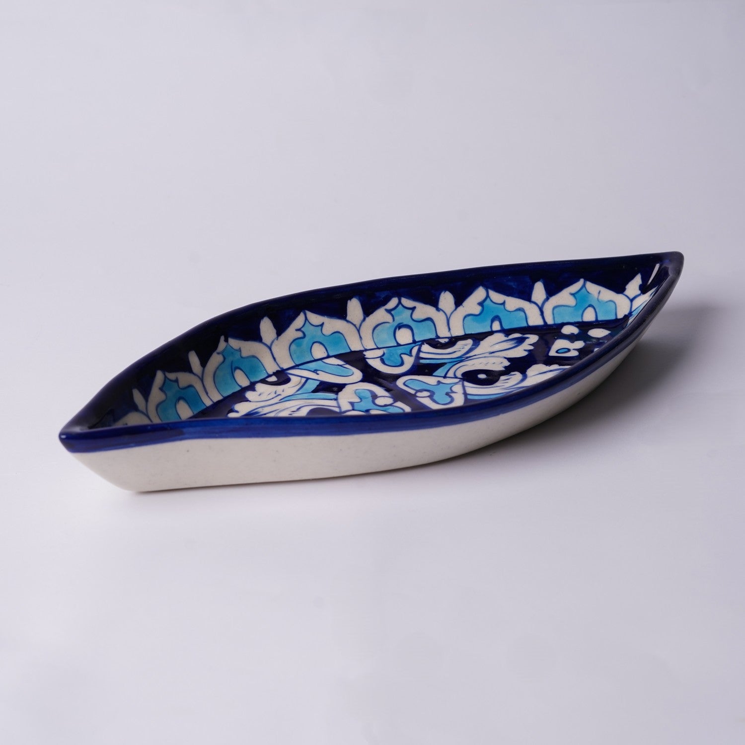 Boat Shaped Blue Pottery Dish - Swirl Leaf Pattern