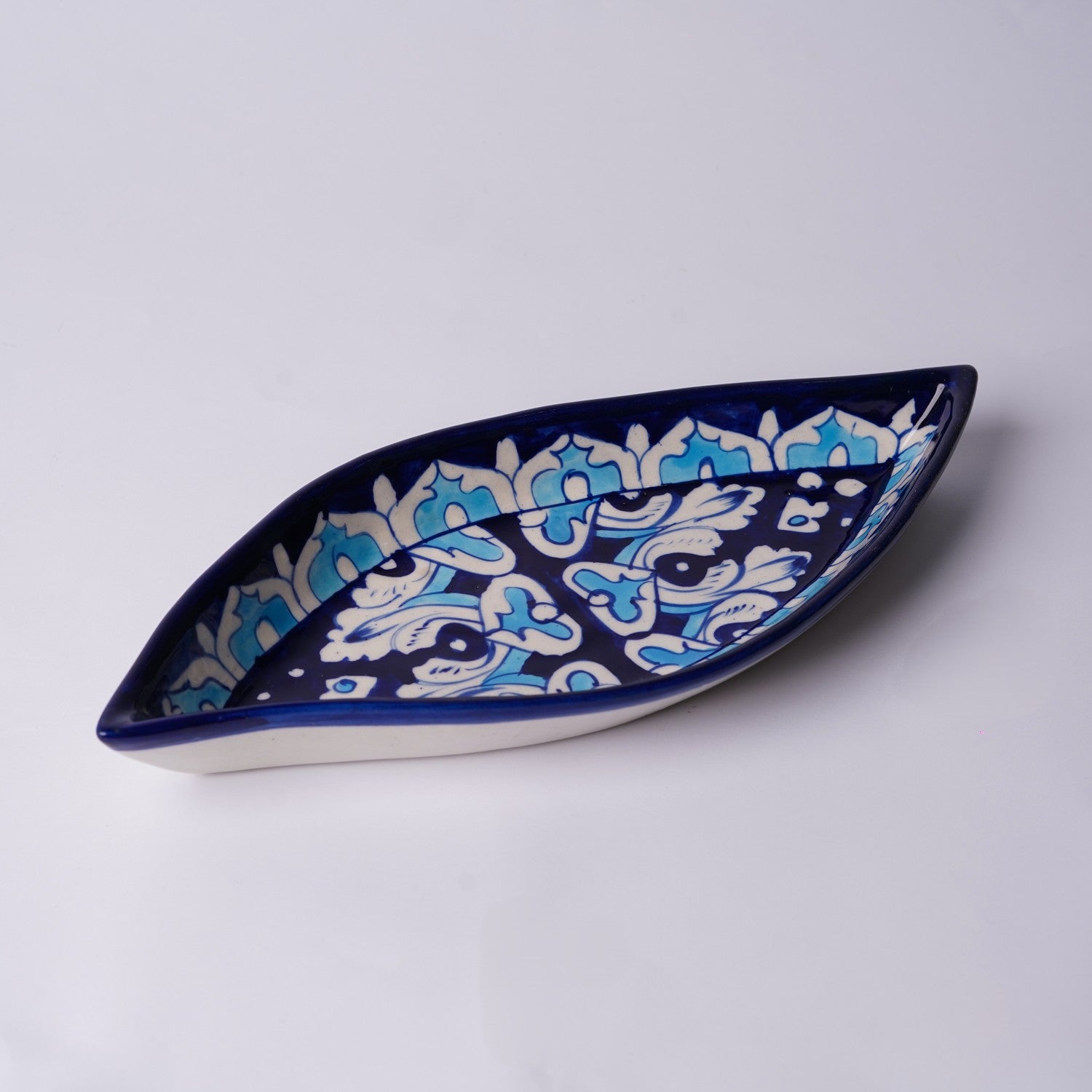 Boat Shaped Blue Pottery Dish - Swirl Leaf Pattern