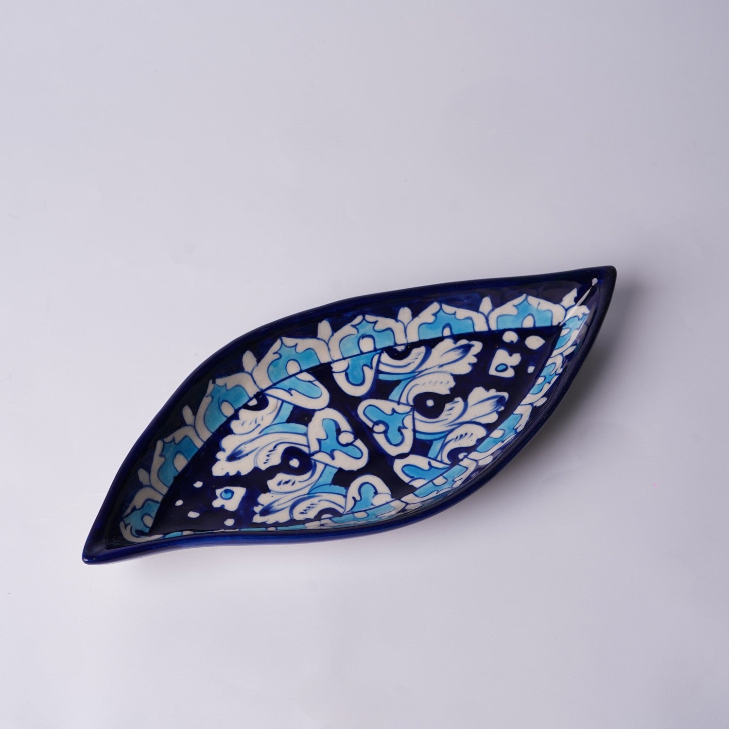 Boat Shaped Blue Pottery Dish - Swirl Leaf Pattern