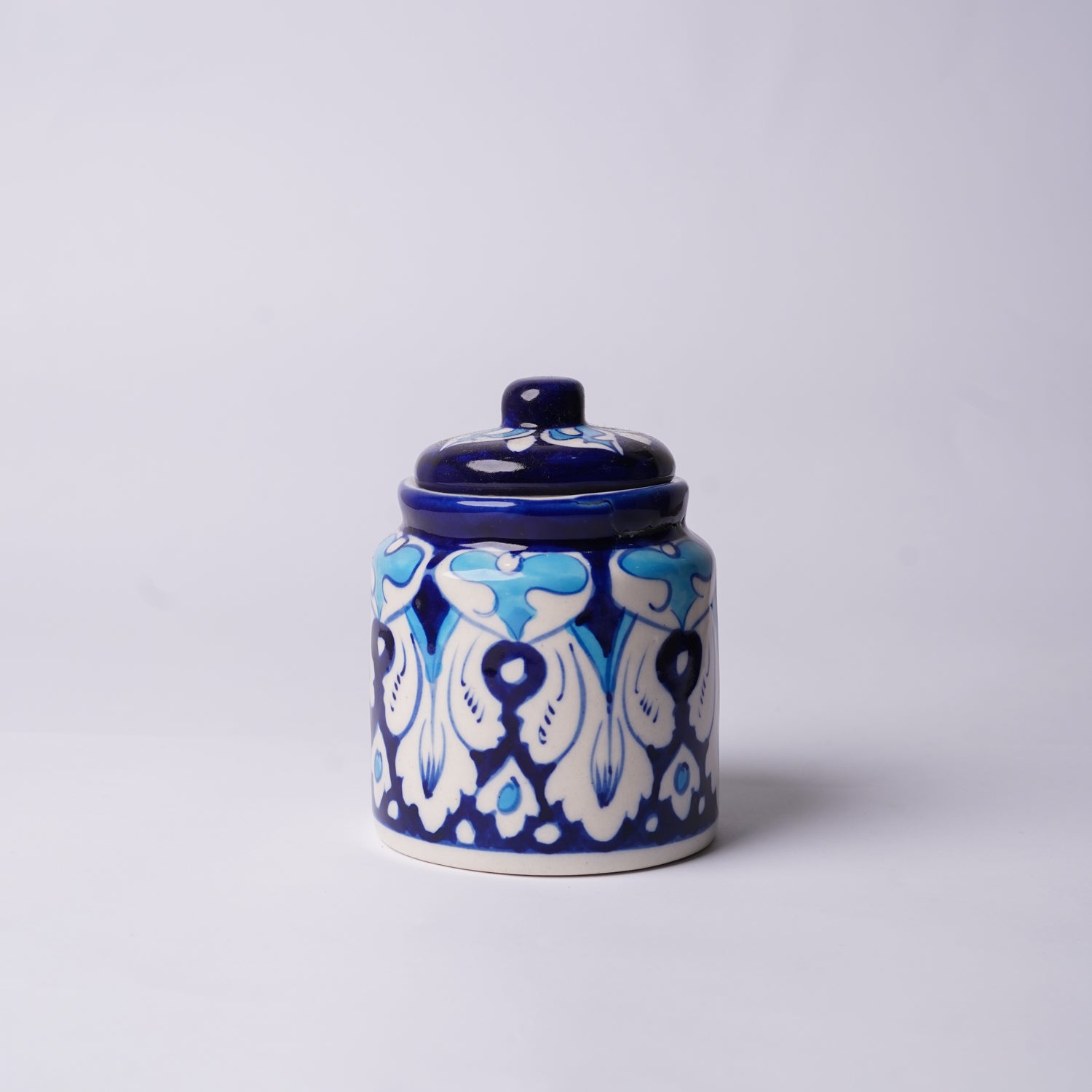 Small Blue Pottery Jar with Lid – Hand-Painted Multani Ceramic (4″ × 3″)
