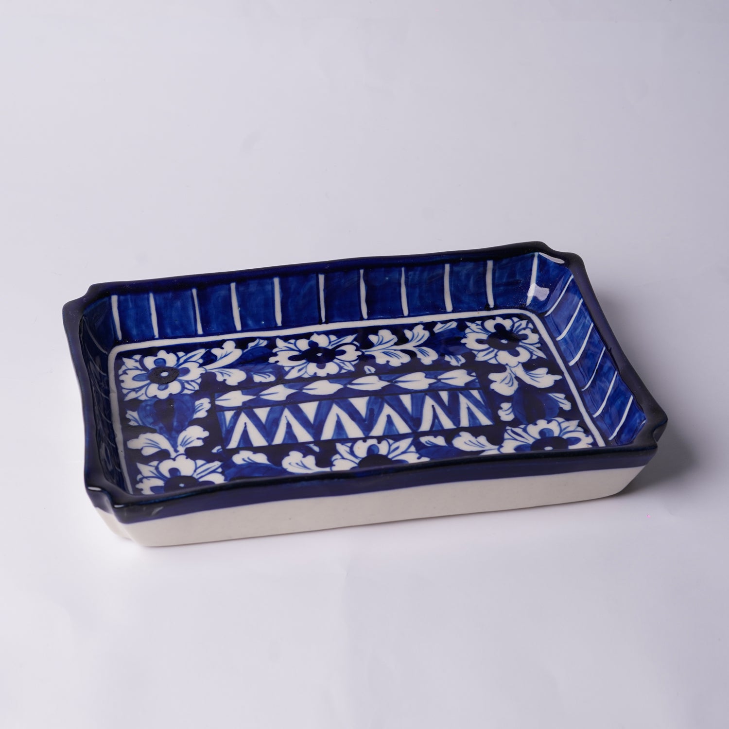 Large Rectangular Blue Pottery Serving Tray – Vintage Zigzag Pattern