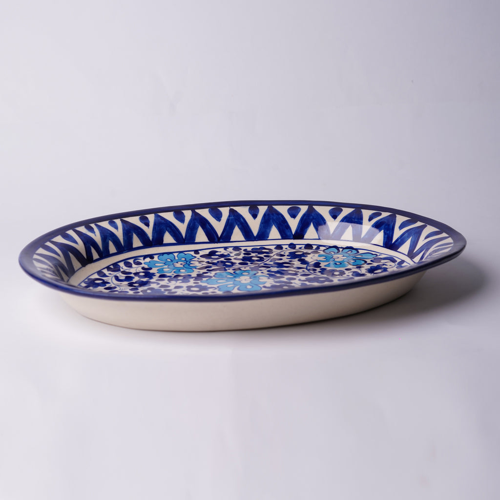 Blue Pottery Oval Rice Dish - Large - Floral Design