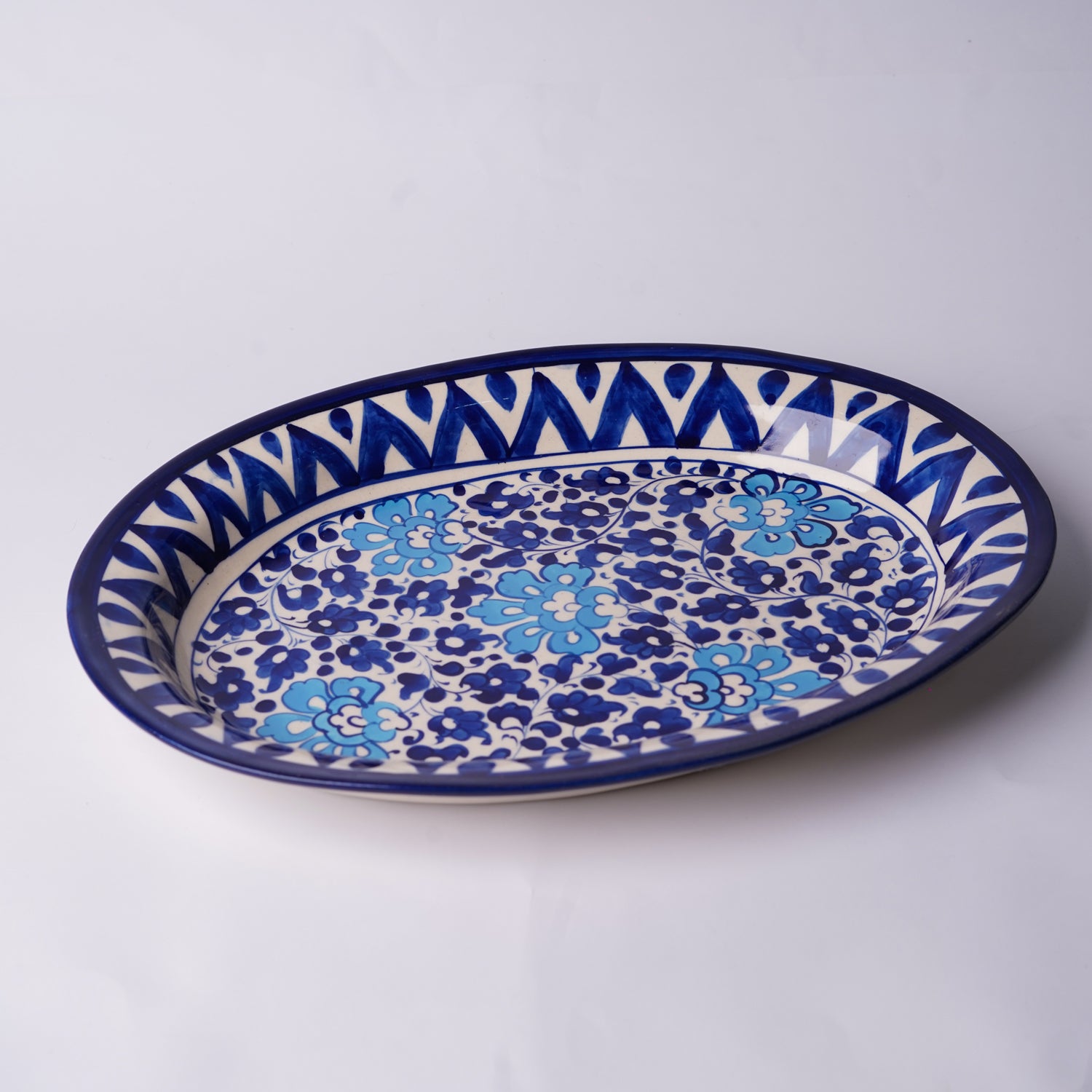 Blue Pottery Oval Rice Dish - Large - Floral Design