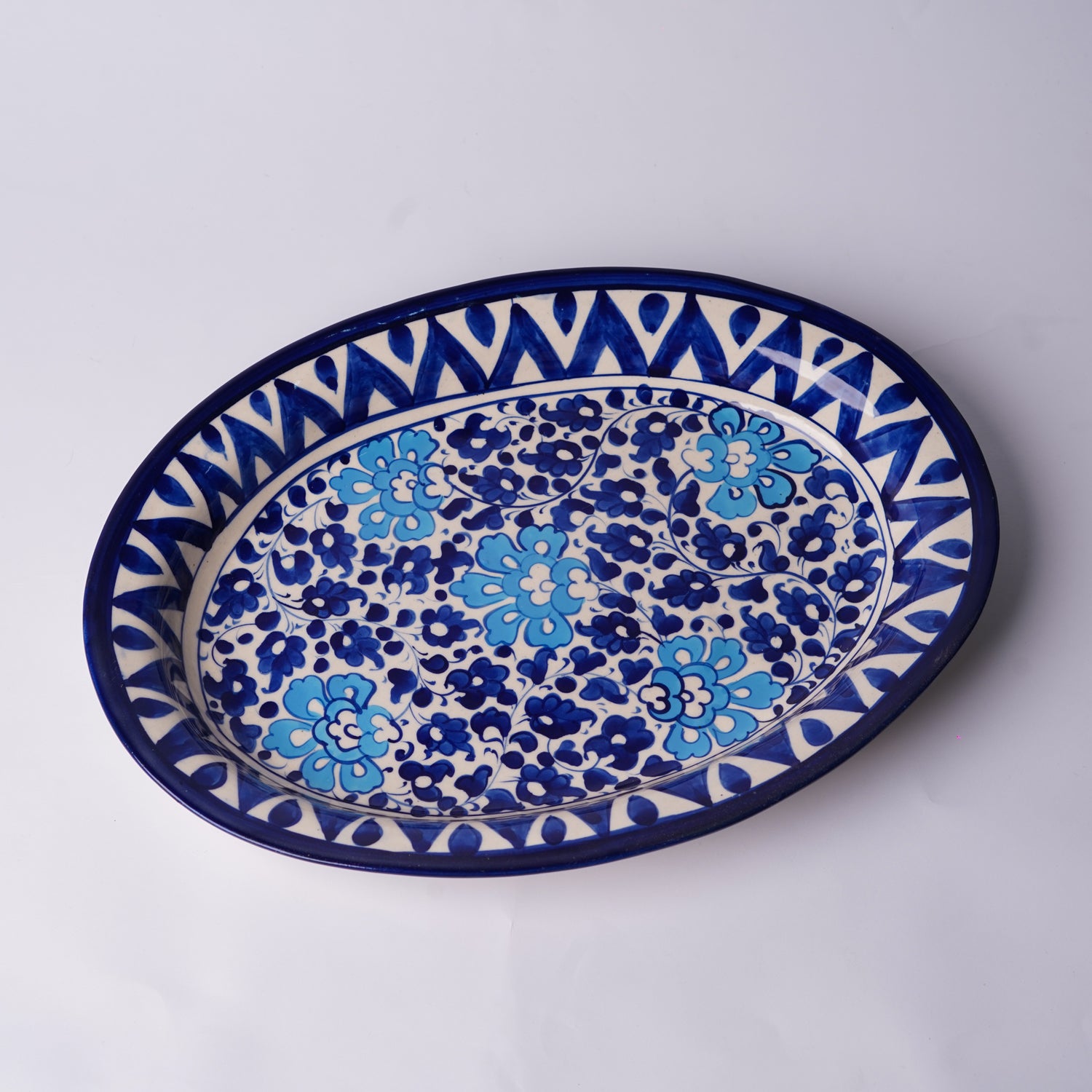 Blue Pottery Oval Rice Dish - Large - Floral Design