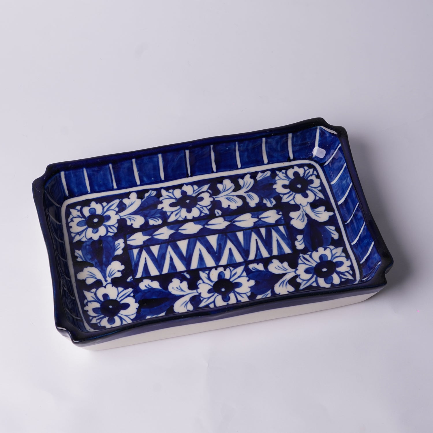 Large Rectangular Blue Pottery Serving Tray – Vintage Zigzag Pattern