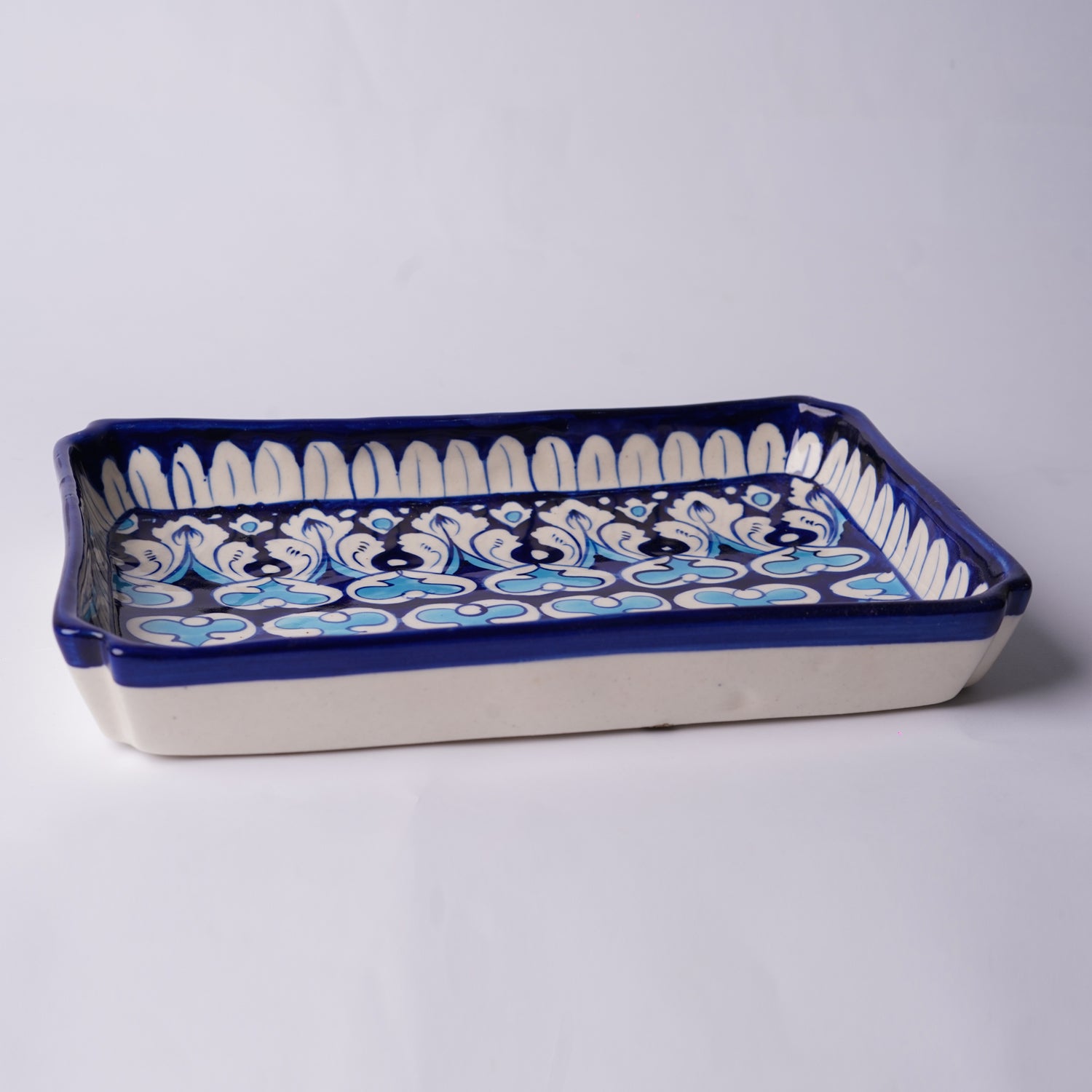 Large Rectangular Blue Pottery Serving Tray – Vintage Floral & Zigzag Pattern