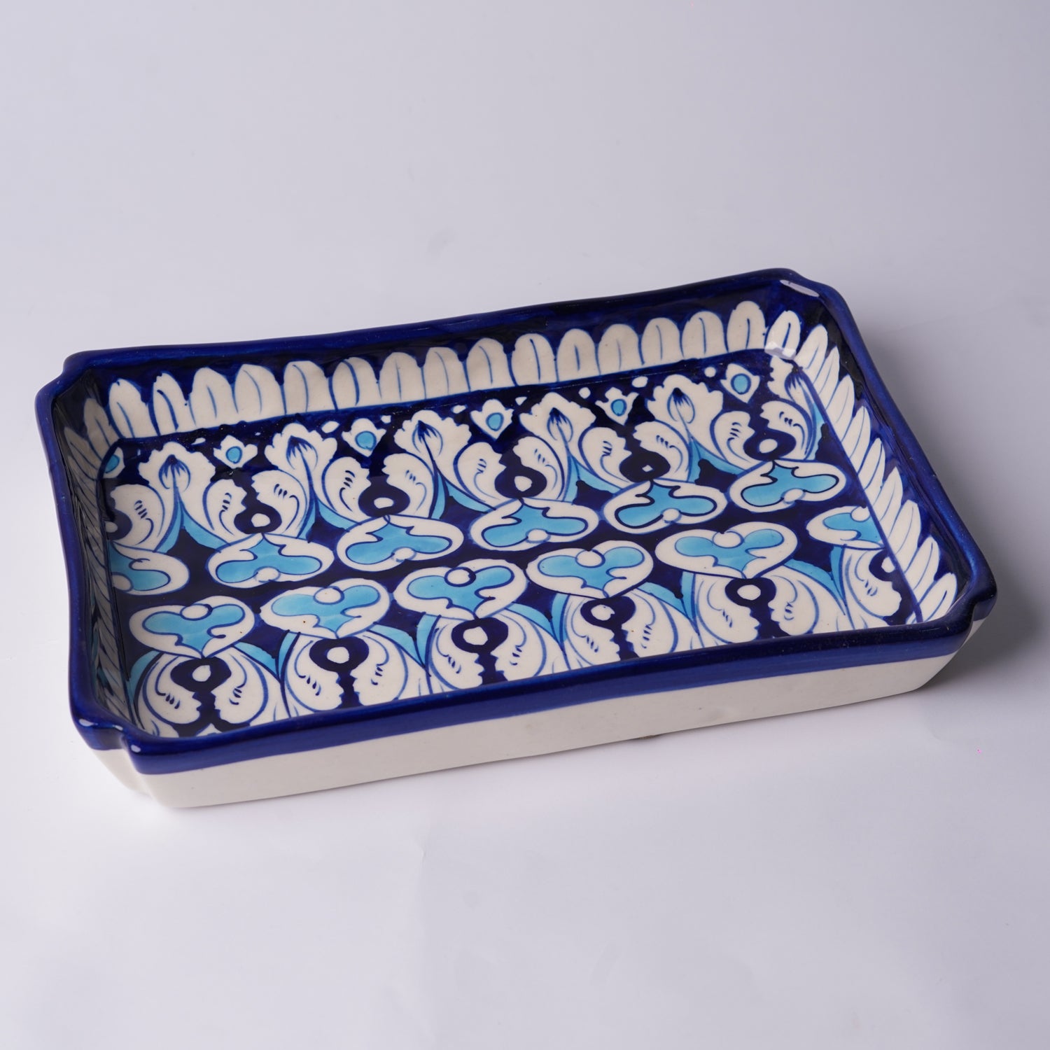 Large Rectangular Blue Pottery Serving Tray – Vintage Floral & Zigzag Pattern