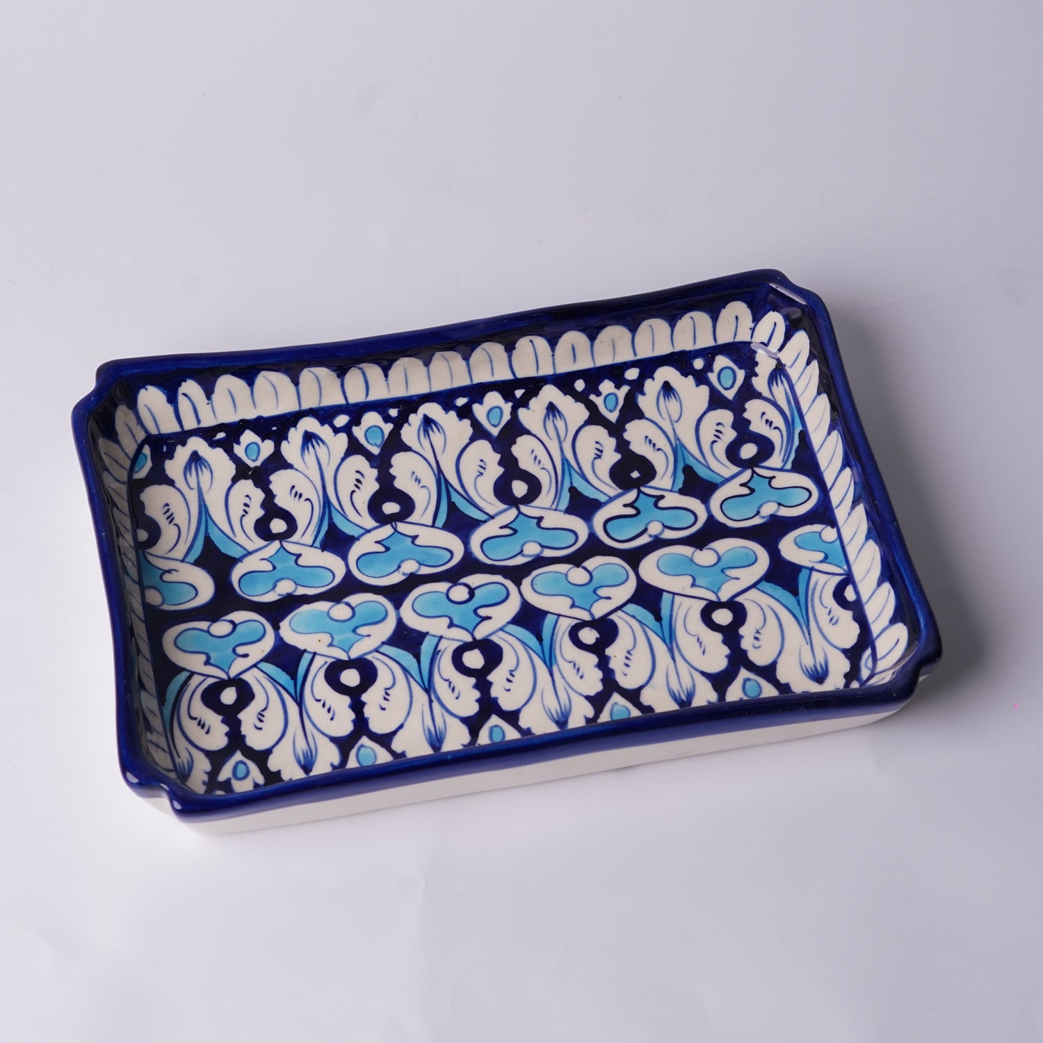 Large Rectangular Blue Pottery Serving Tray – Vintage Floral & Zigzag Pattern