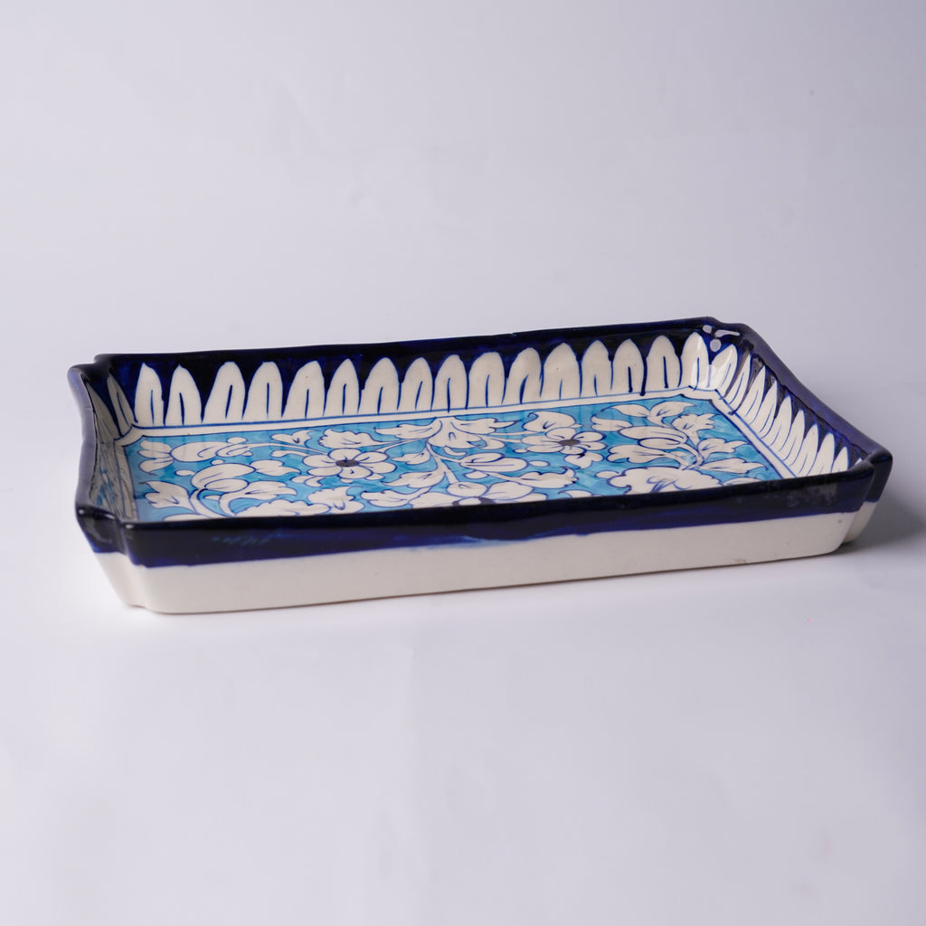 Large Rectangular Blue Pottery Serving Tray – Floral Design