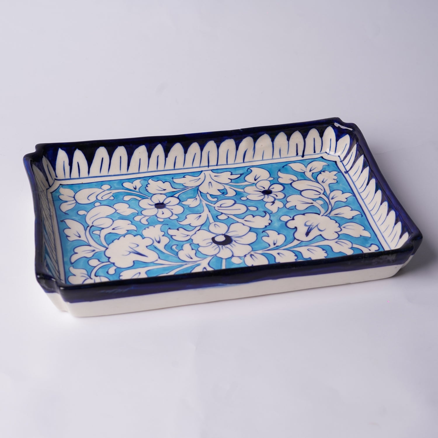 Large Rectangular Blue Pottery Serving Tray – Floral Design