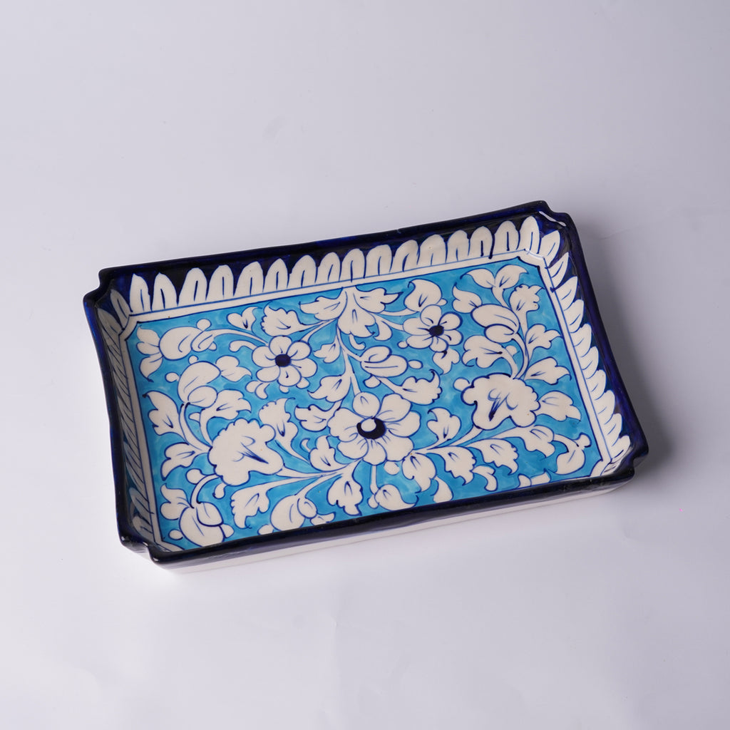 Large Rectangular Blue Pottery Serving Tray – Floral Design