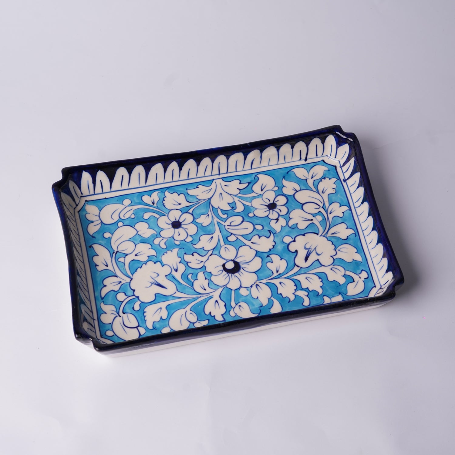 Large Rectangular Blue Pottery Serving Tray – Floral Design