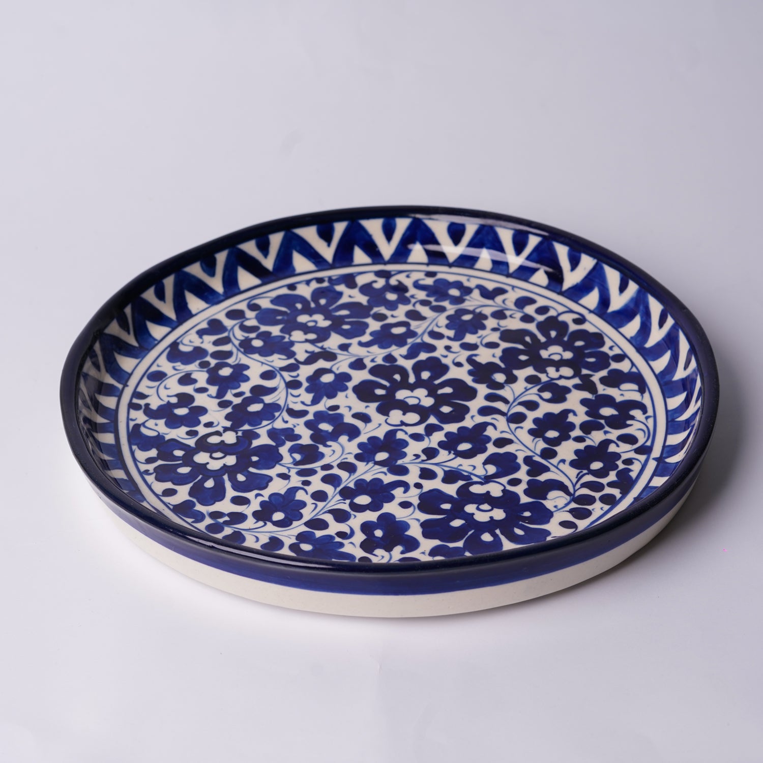 Cerulean Bloom Pizza Serving Platter — handmade Multani blue pottery — Craftan Pakistan
