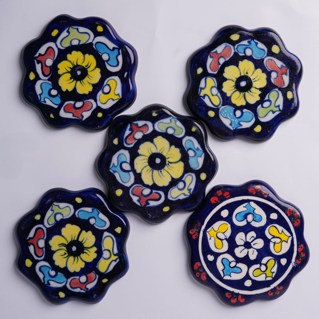 Blue Pottery Coasters Set of 5 – Hand-Painted Ceramic Drink Coasters | Multani Blue Pottery