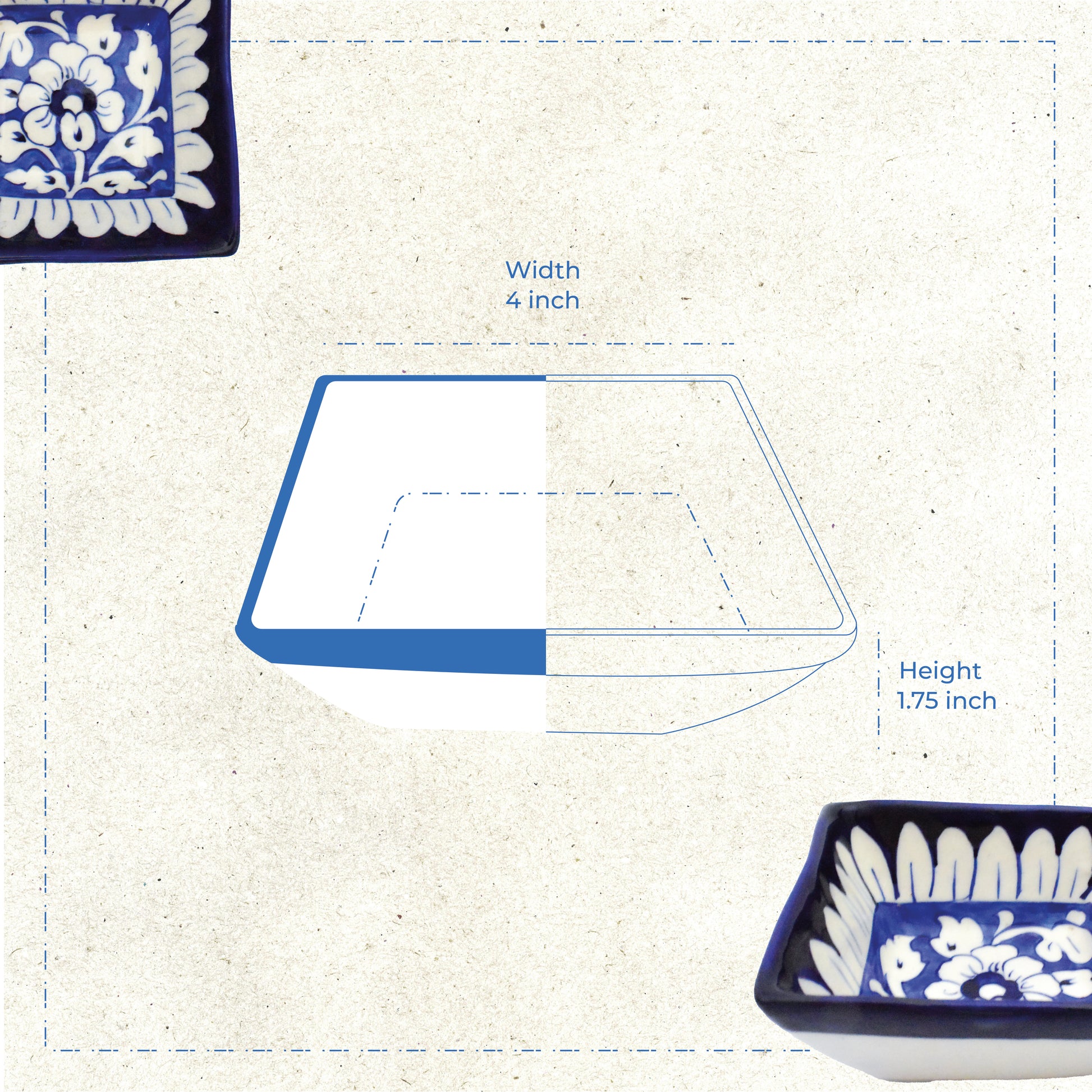 Blue and white ceramic dish with floral patterns and measurements on a textured beige background
