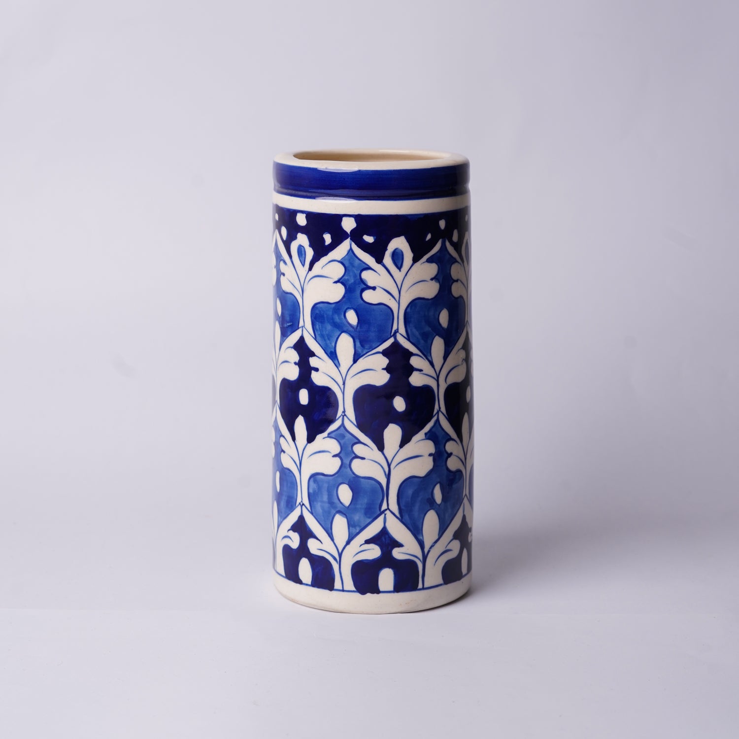 Blue Pottery 8-inch Cylindrical Vase – Tall Handmade Ceramic Vase for Decor or Florals