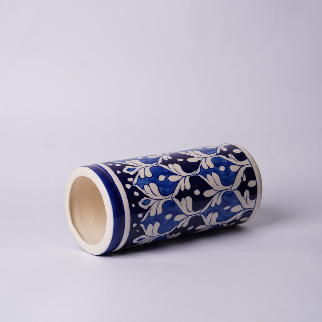 Blue Pottery 8-inch Cylindrical Vase – Tall Handmade Ceramic Vase for Decor or Florals