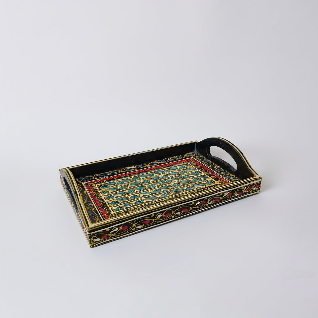 Swati Wooden Serving Tray Brown Base — handmade wooden craft — Craftan Pakistan
