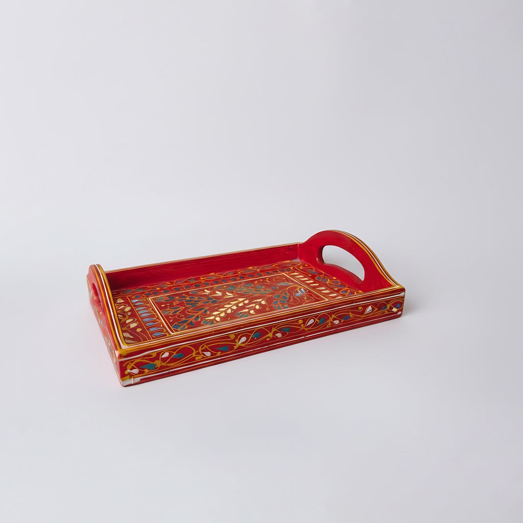 Swati Wooden Serving Tray Red Base — handmade wooden craft — Craftan Pakistan
