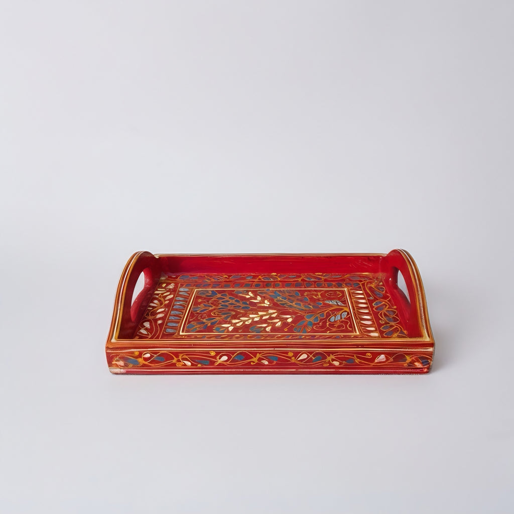 Handmade Swati Wooden Serving Tray — traditional red base design — Craftan Pakistan