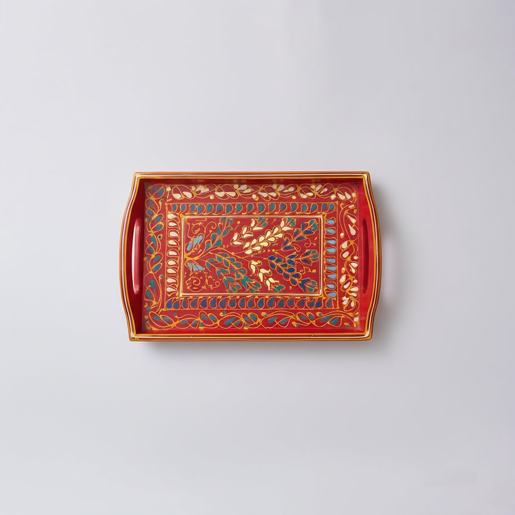 Swati Red Base Wooden Tray 8x12 Inch — Pakistani wooden artistry — Craftan Pakistan