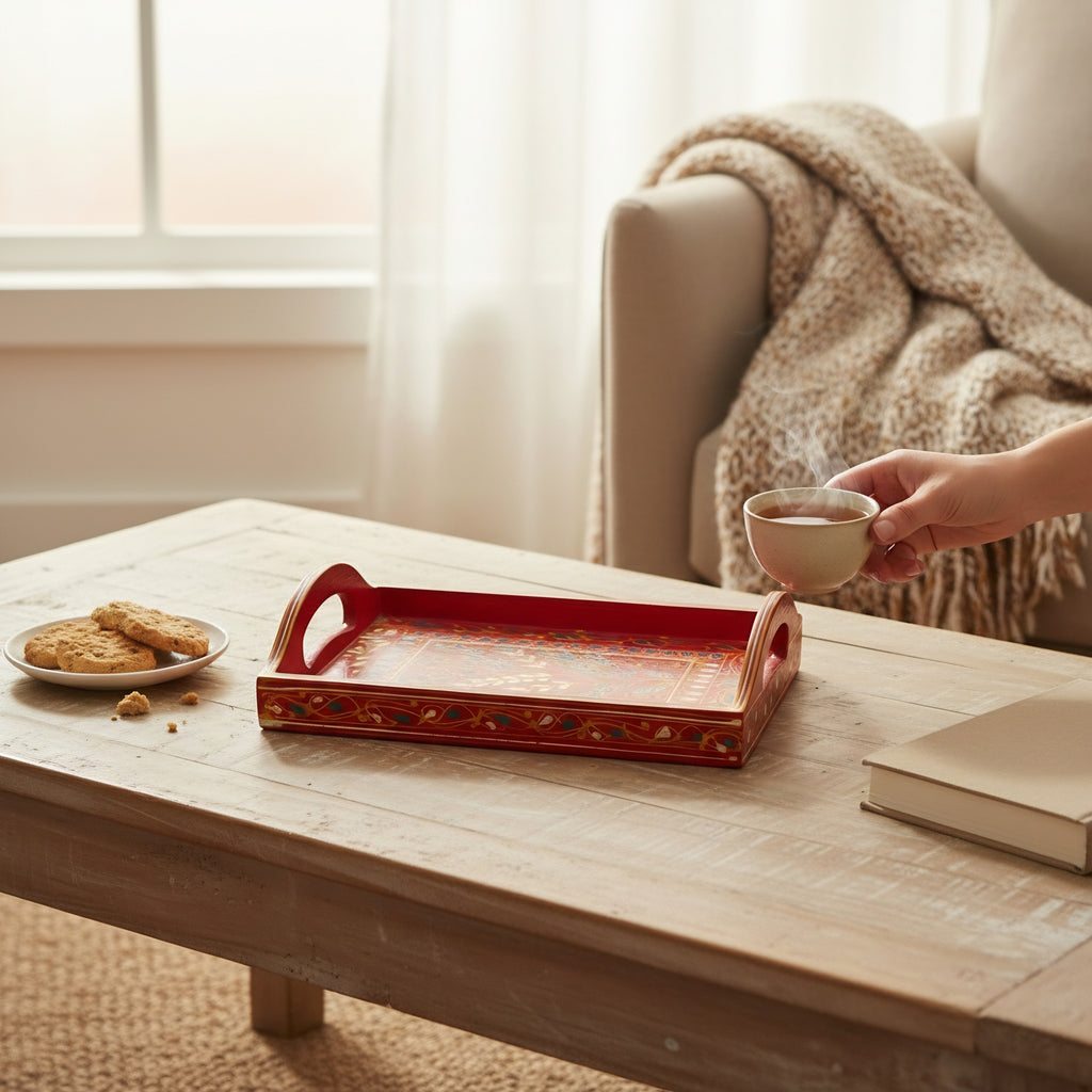 Traditional Swati Wooden Serving Tray — handmade red base finish — Craftan Pakistan