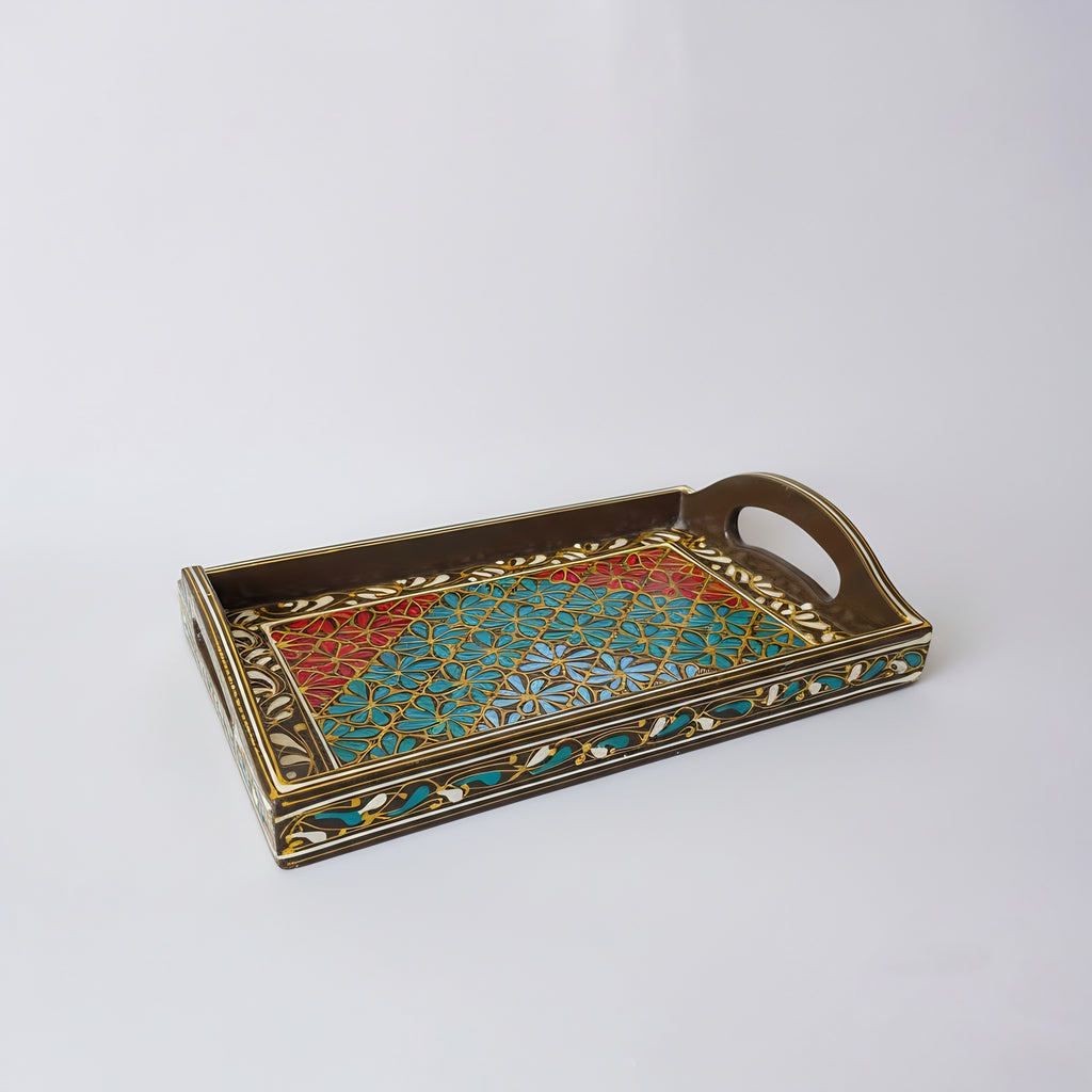 Swati Wooden Serving Tray Brown & Teal — handmade wooden craft — Craftan Pakistan