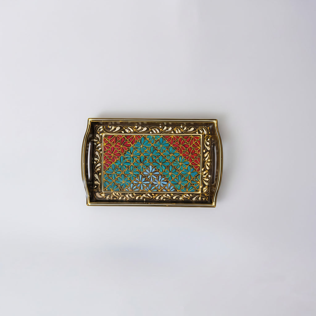 Swati carved wooden tray with teal accents — Pakistani handmade — Craftan Pakistan