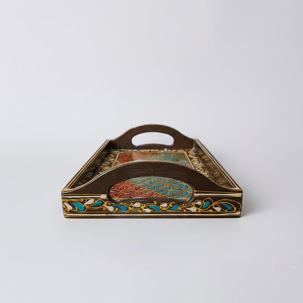 Brown wooden serving tray Swati style — handmade 8x12 inch — Craftan Pakistan