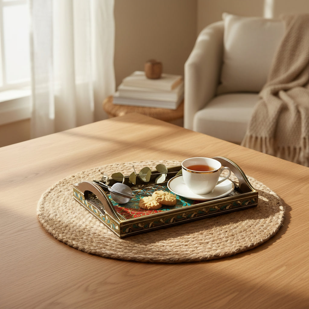 Handmade Swati wooden serving tray traditional design — brown teal — Craftan Pakistan