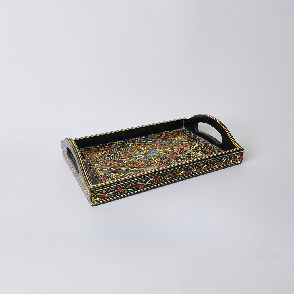 Swati Wooden Serving Tray Brown & Blue — handmade wooden craft — Craftan Pakistan