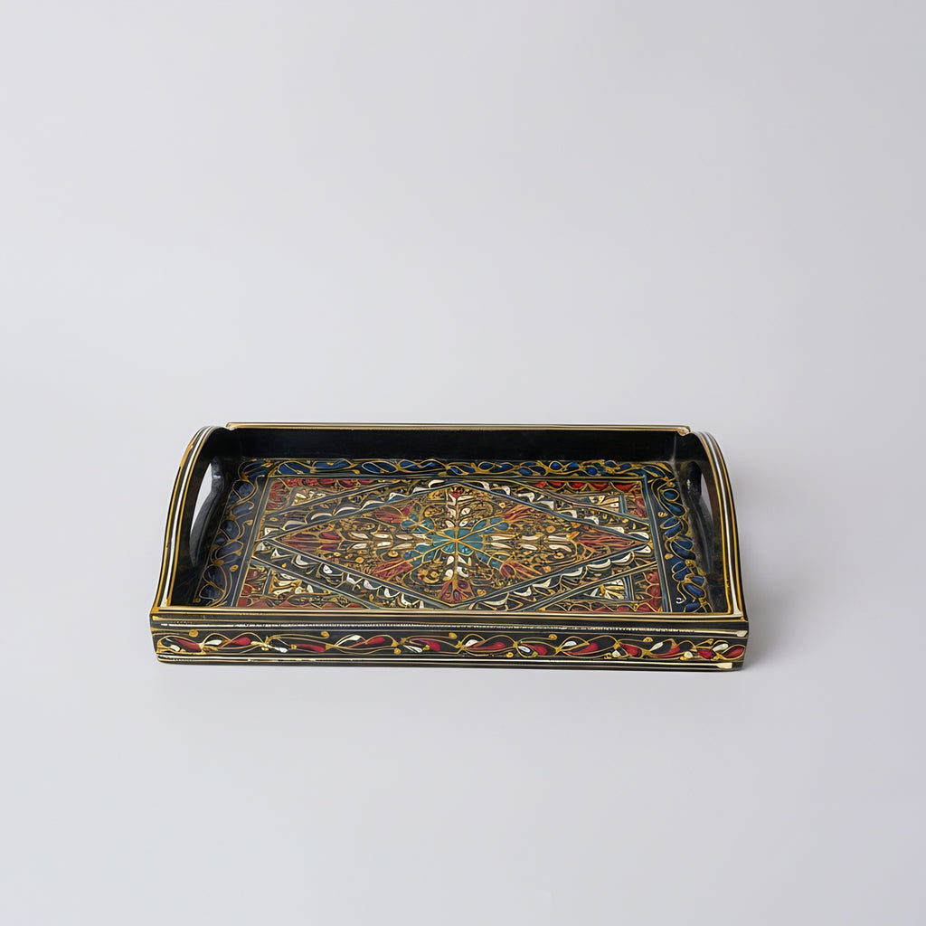 Swati Wooden Serving Tray Brown & Blue — authentic Pakistani wooden tray — Craftan Pakistan