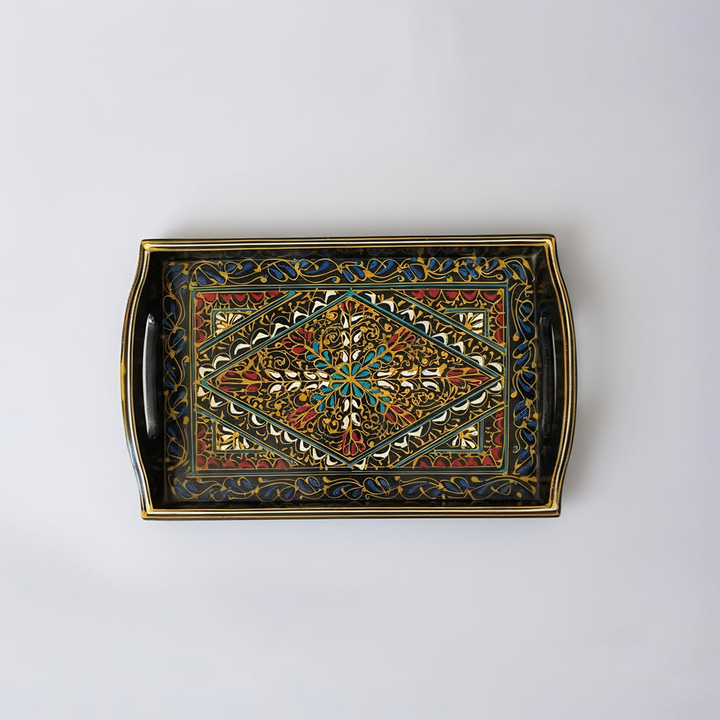 Swati Wooden Serving Tray Brown & Blue — traditional Swati woodwork — Craftan Pakistan