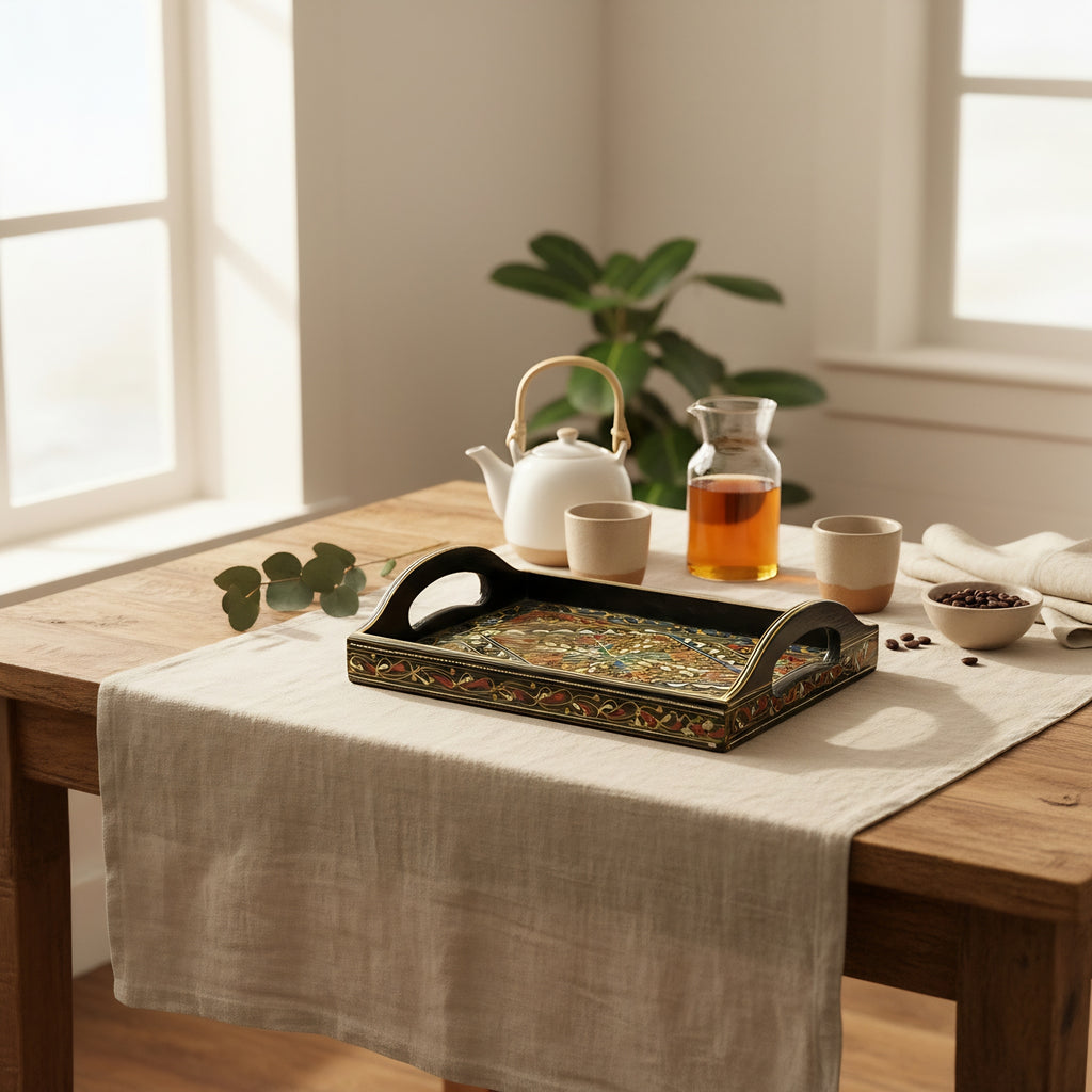 Swati Wooden Serving Tray Brown & Blue — authentic Swati wooden artistry — Craftan Pakistan