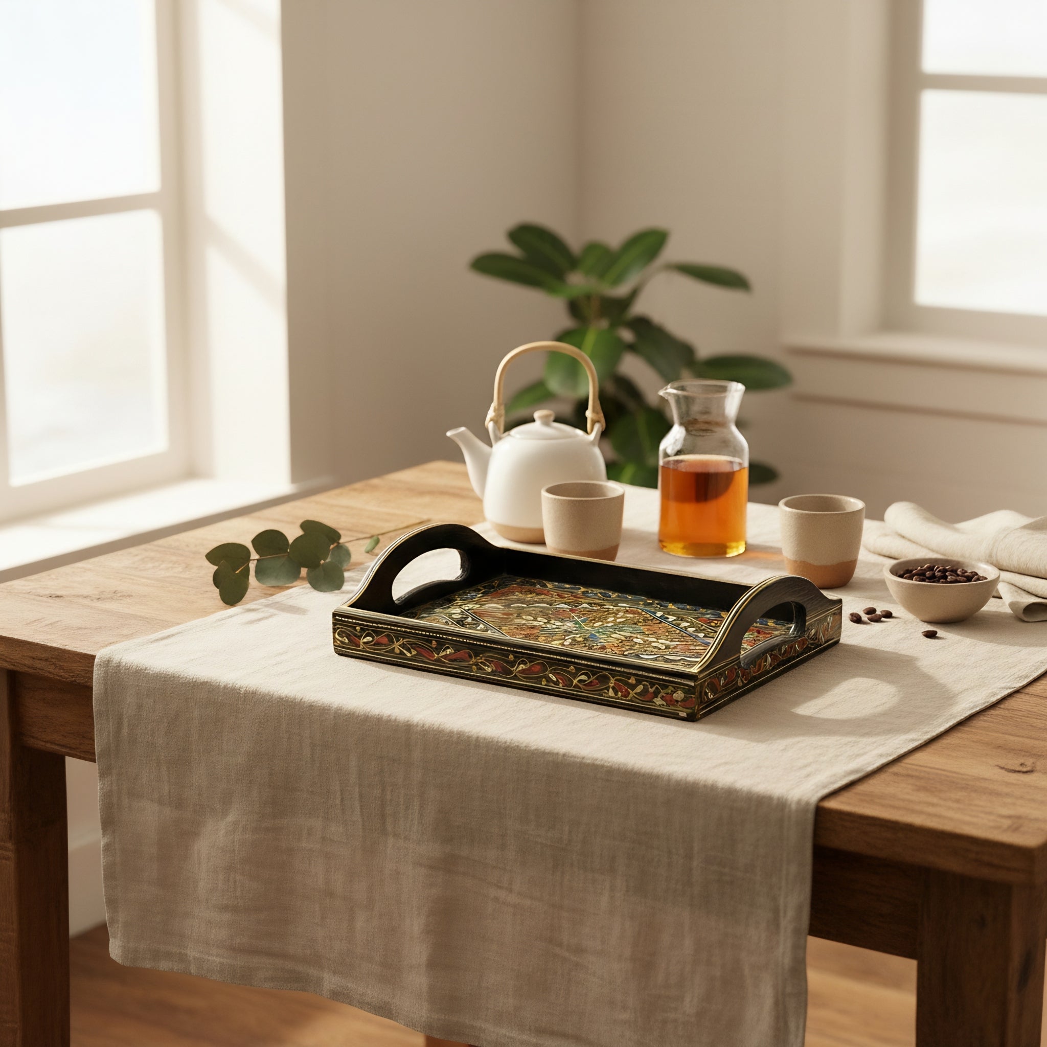 Swati Wooden Serving Tray Brown & Blue — authentic Swati wooden artistry — Craftan Pakistan