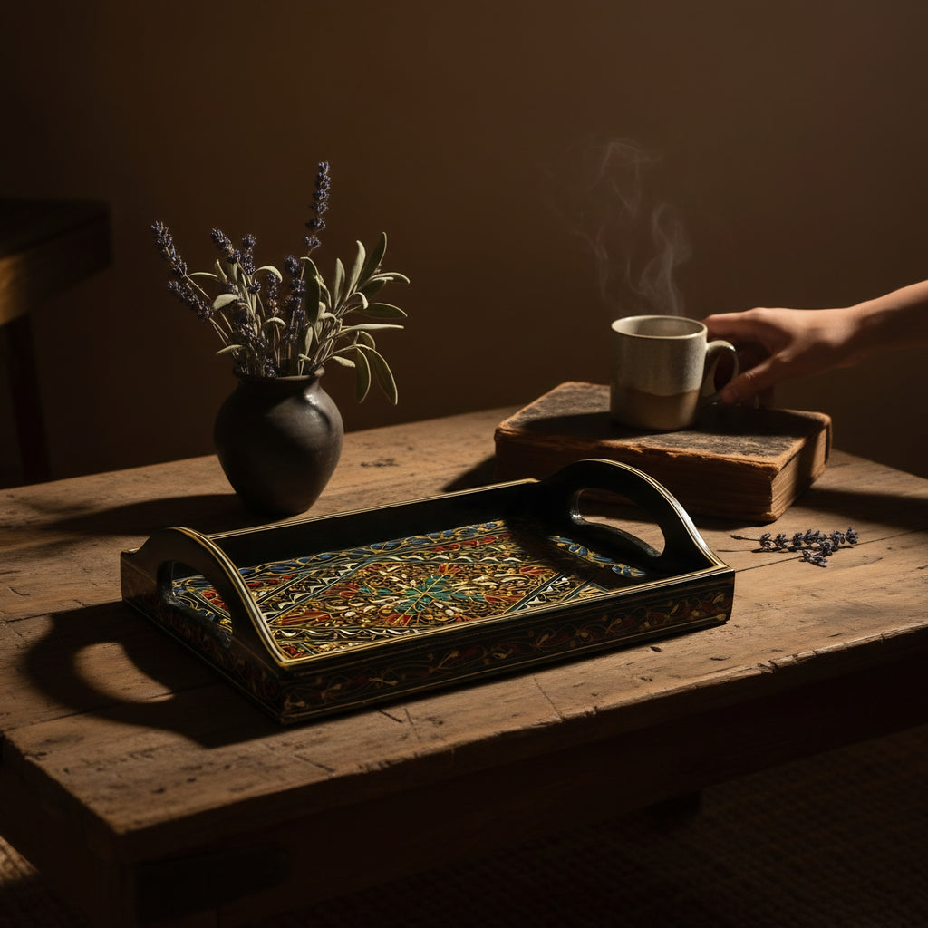 Swati Wooden Serving Tray Brown & Blue — traditional wooden craft detail — Craftan Pakistan
