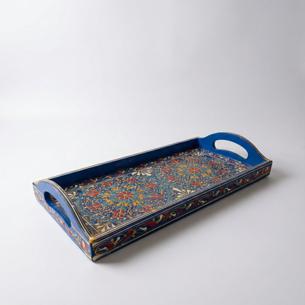 Swati Hand-Painted Rectangular Tray Blue Base — handmade wooden craft — Craftan Pakistan