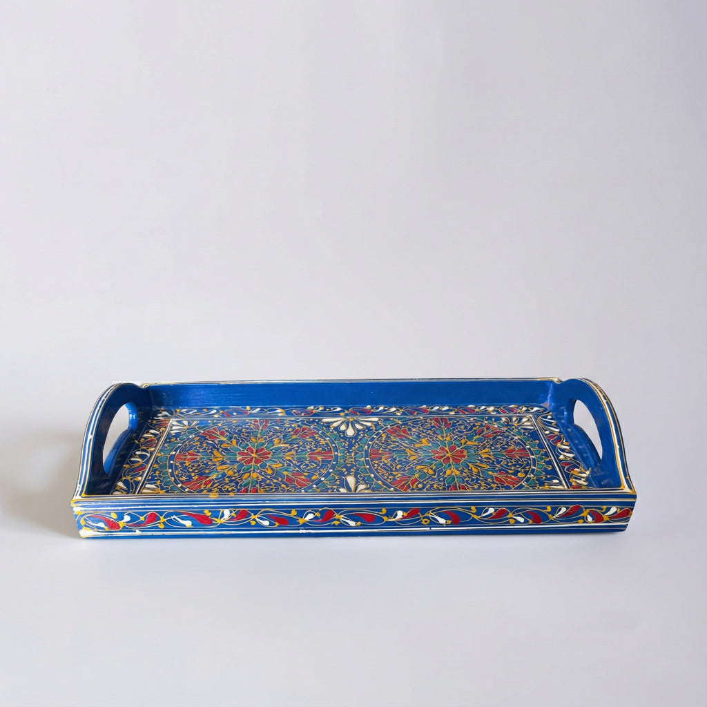 Swati blue base wooden tray showing intricate hand-painted details — Craftan Pakistan
