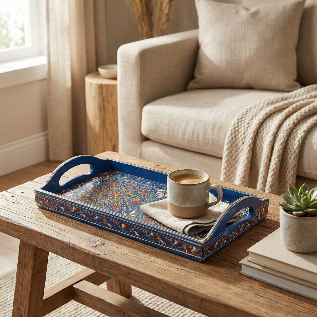 Hand-painted Swati wooden tray blue base featuring authentic Pakistani craftsmanship — Craftan Pakistan