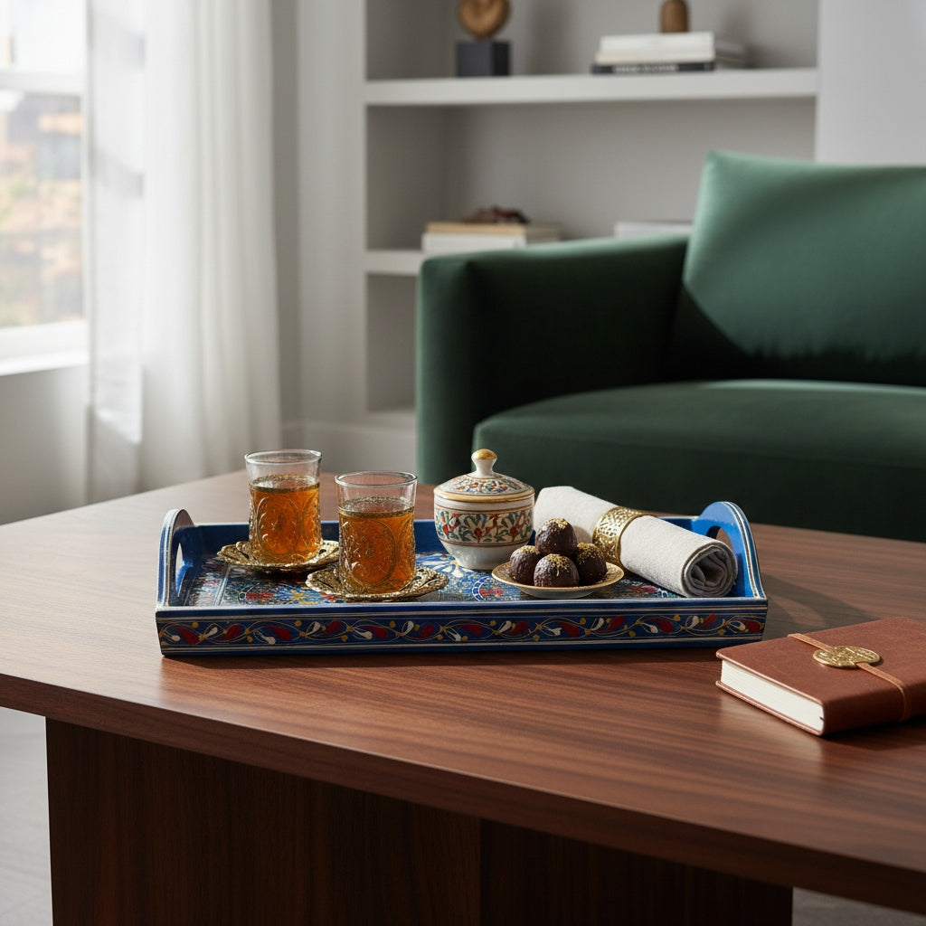 Traditional Swati rectangular tray handmade wooden craft with blue painted design — Craftan Pakistan