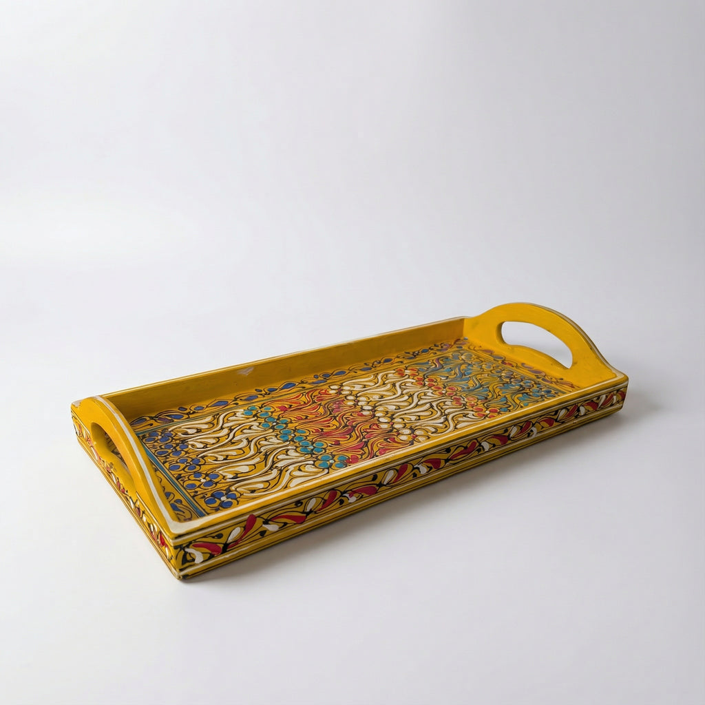 Swati Hand-Painted Rectangular Tray Yellow Base — handmade wooden — Craftan Pakistan