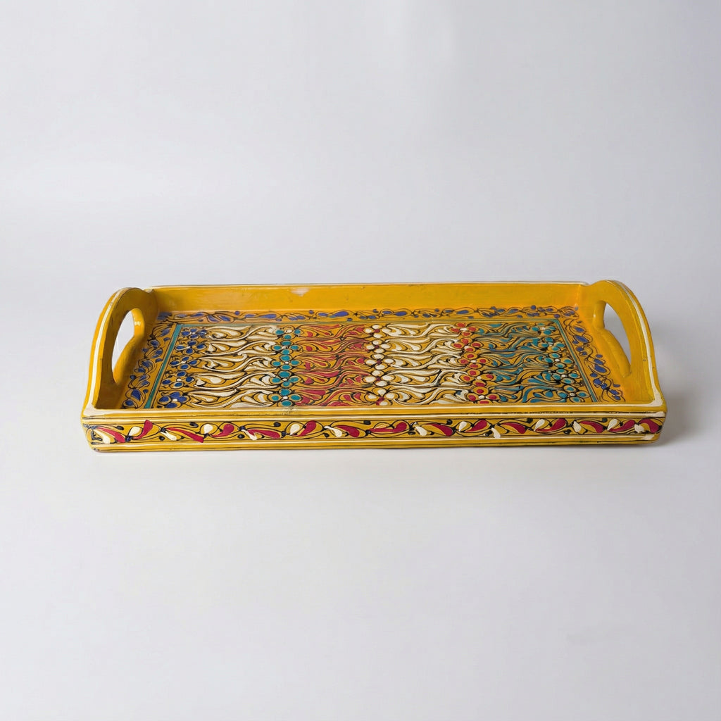 Swati Hand-Painted Rectangular Tray Yellow Base — traditional Pakistani wooden craft — Craftan Pakistan