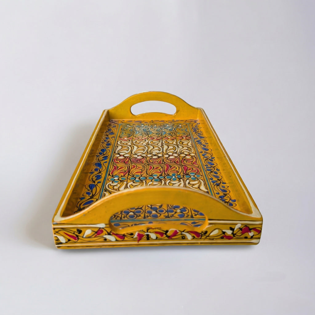 Swati Hand-Painted Rectangular Tray Yellow Base — authentic Swati wooden artistry — Craftan Pakistan
