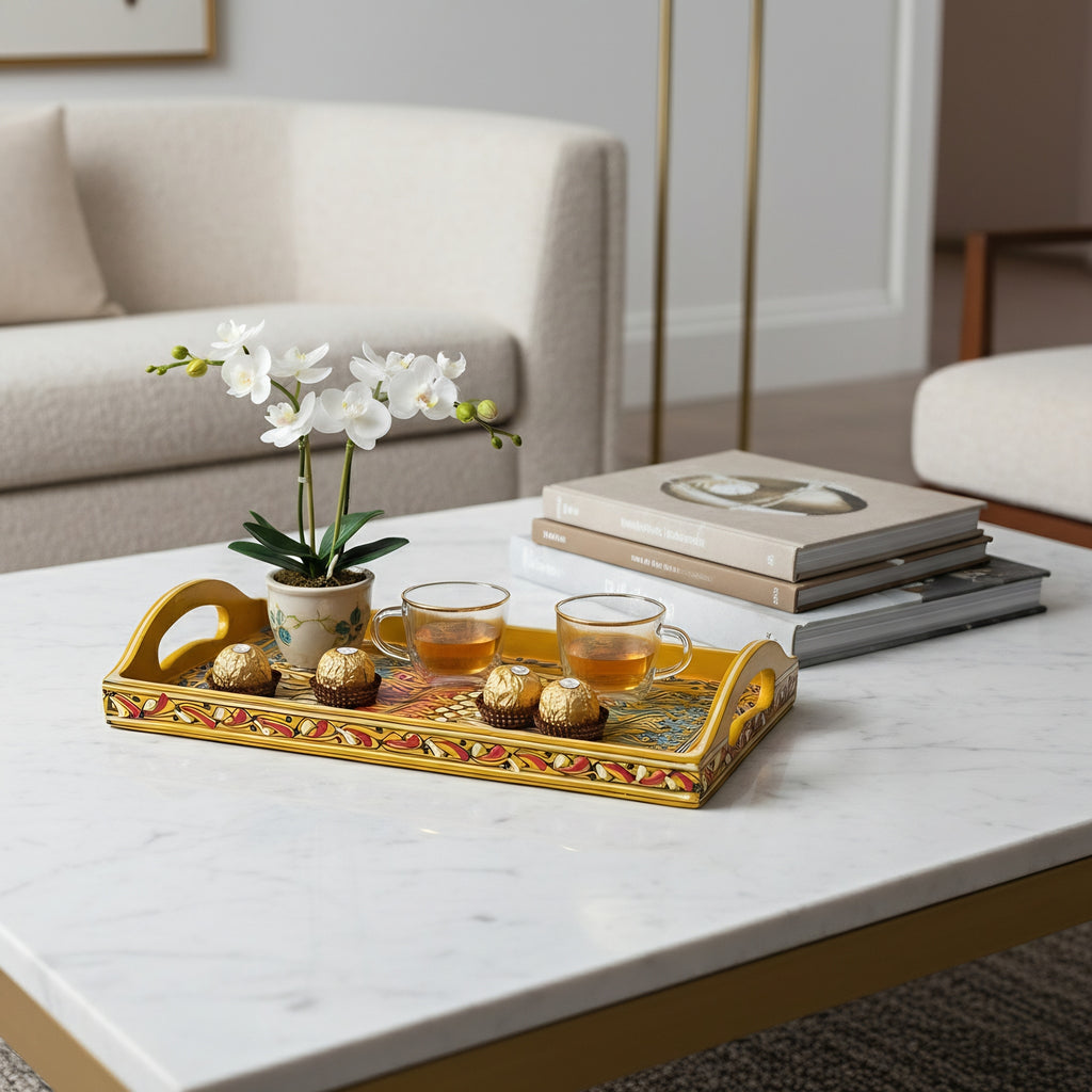 Swati Hand-Painted Rectangular Tray Yellow Base — handcrafted wooden serving tray — Craftan Pakistan