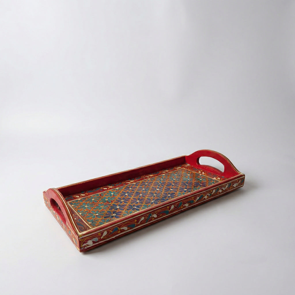 Swati Hand-Painted Rectangular Tray Red Base — handmade wooden craft — Craftan Pakistan