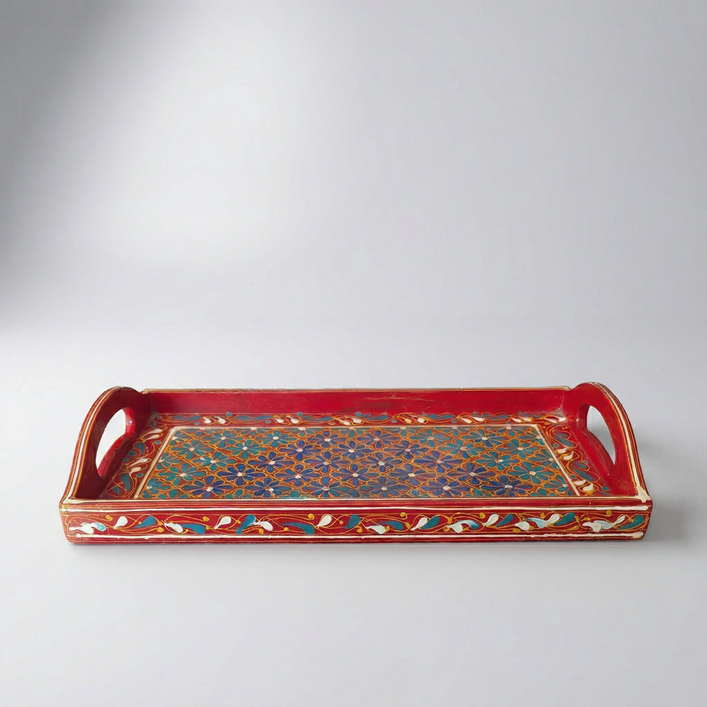Swati Hand-Painted Rectangular Tray Red Base — traditional Pakistani wooden artistry — Craftan Pakistan