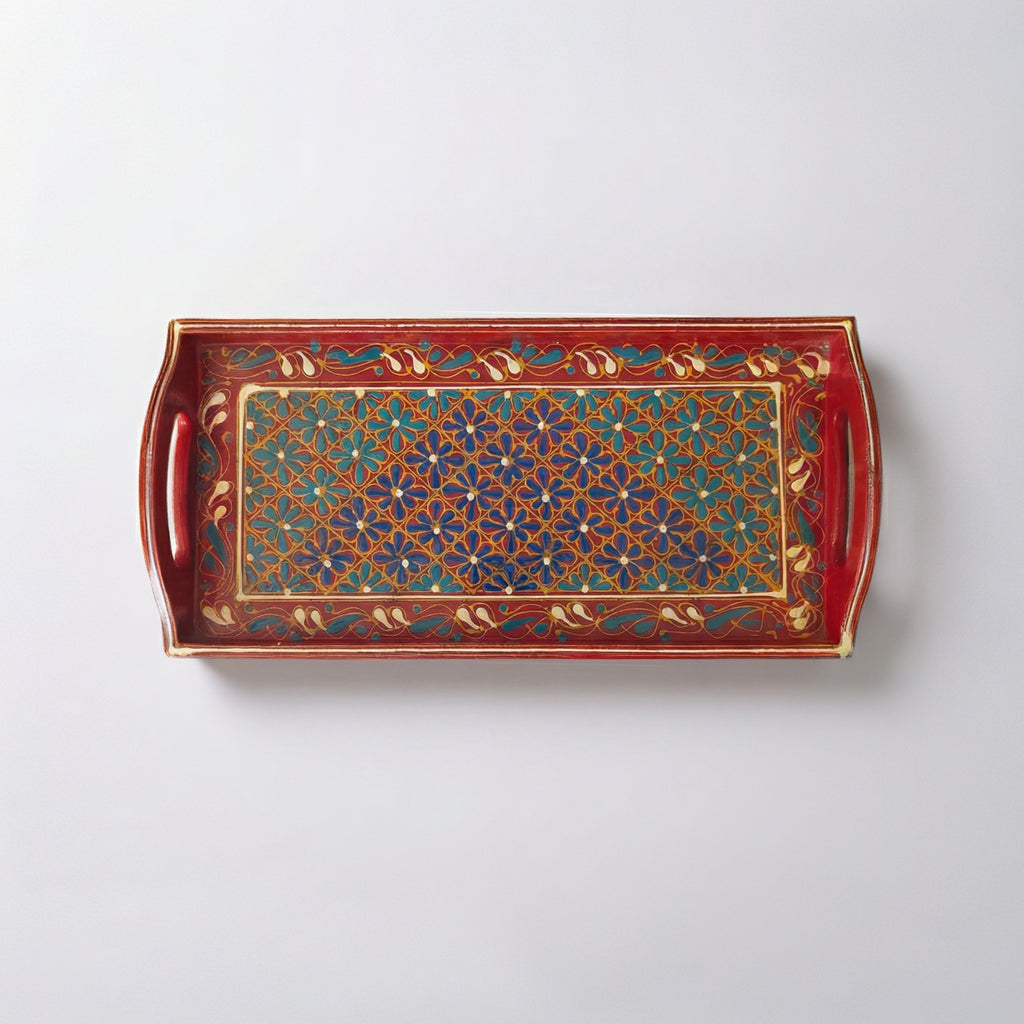 Swati Hand-Painted Rectangular Tray Red Base — handcrafted wooden serving piece — Craftan Pakistan