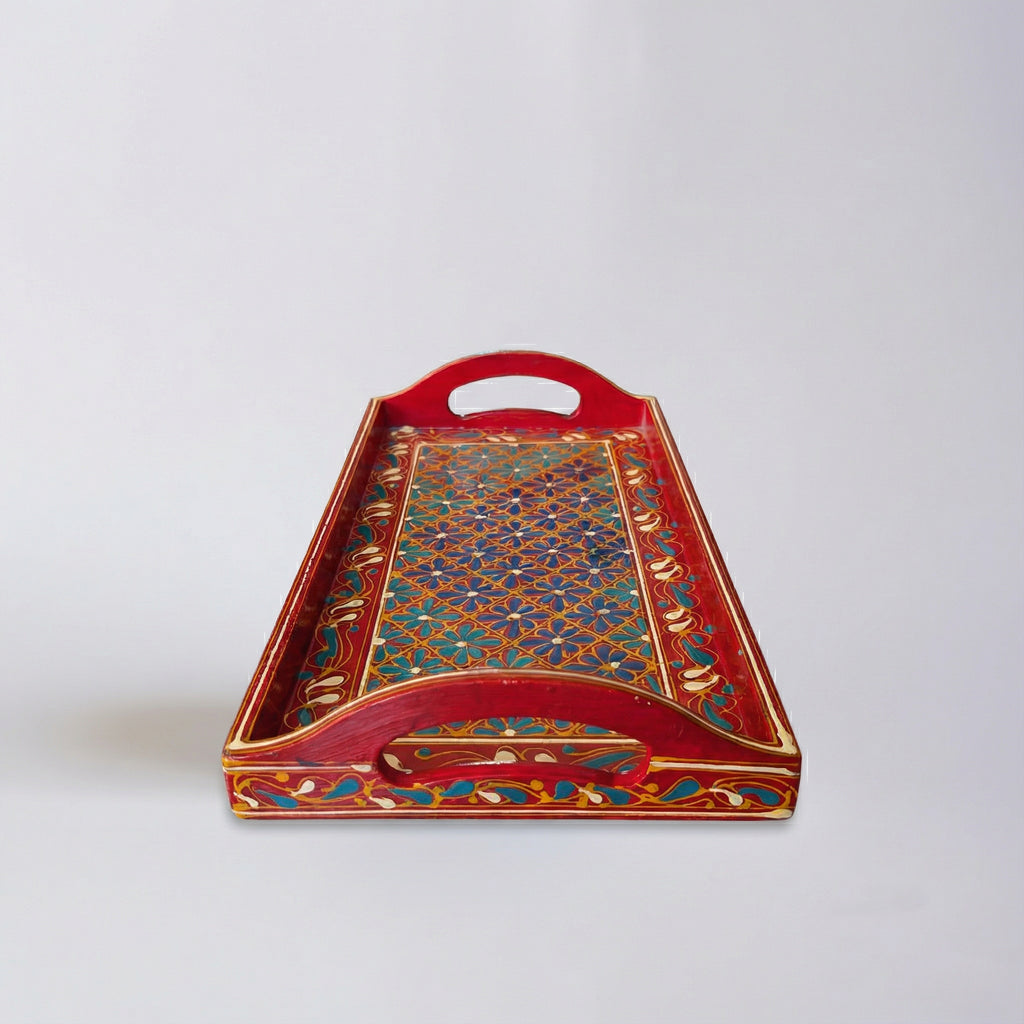 Swati Hand-Painted Rectangular Tray Red Base — authentic Swati wooden craftsmanship — Craftan Pakistan