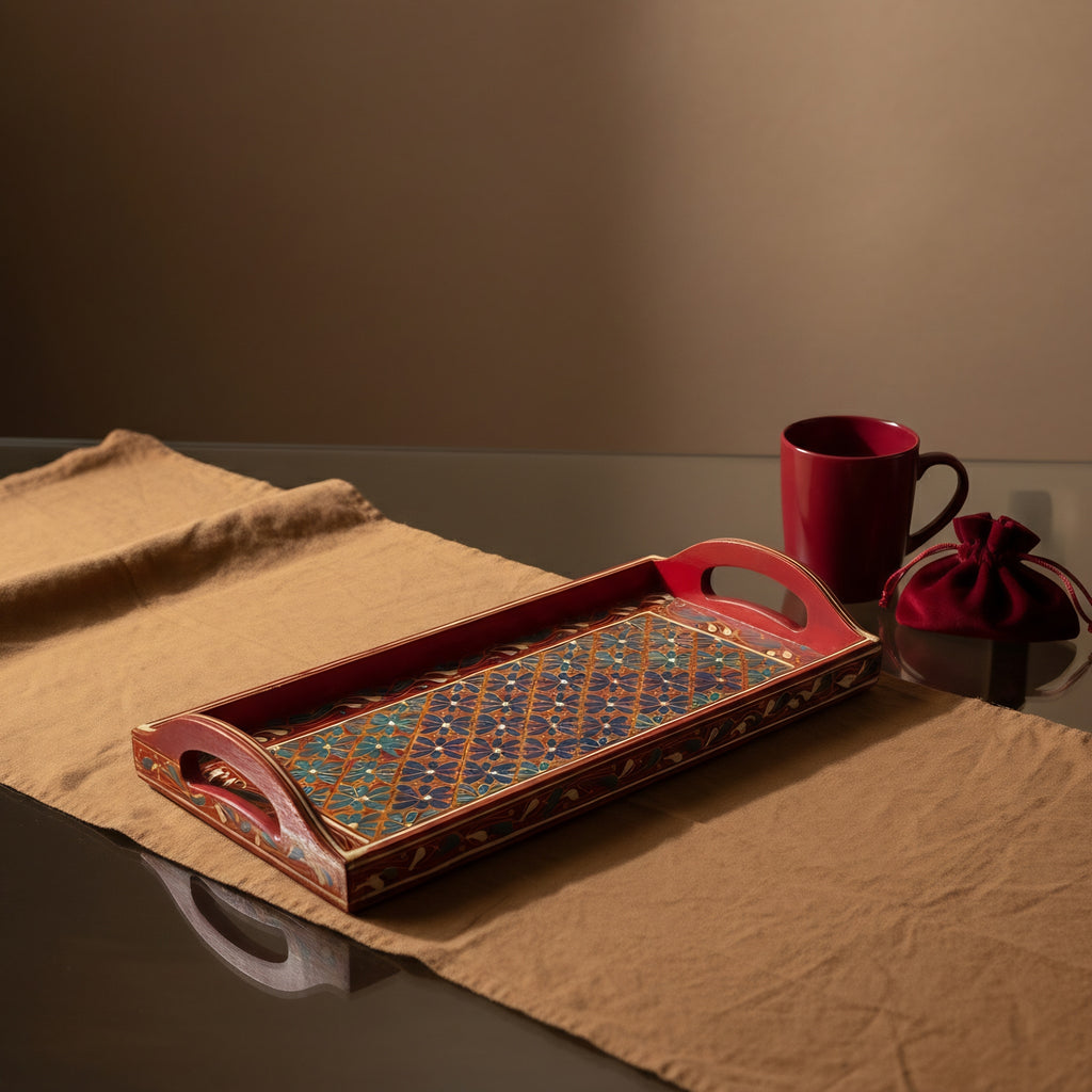 Swati Hand-Painted Rectangular Tray Red Base — authentic handmade wooden craft — Craftan Pakistan